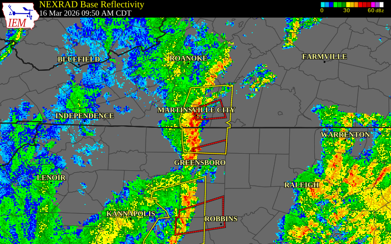 NEXRAD radar during the Monday, March 16, 2026 storm activity in Henry County, Virginia