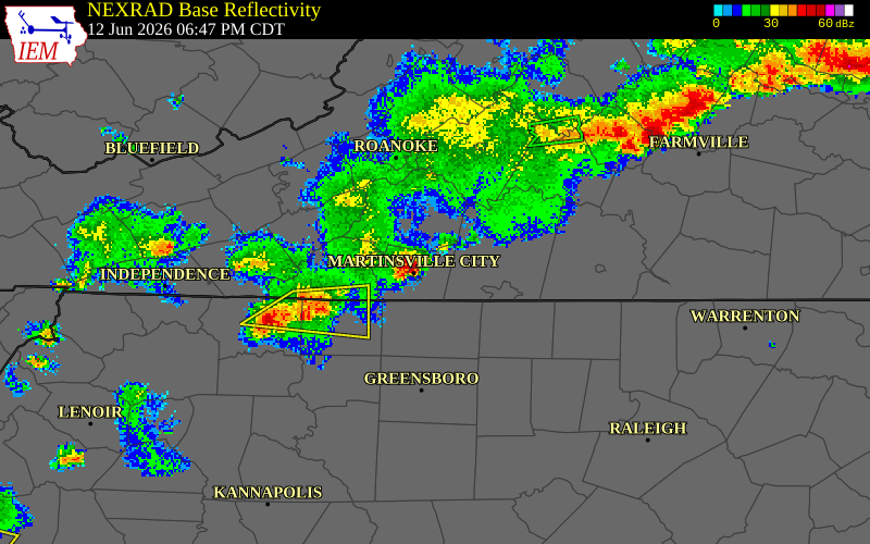 NEXRAD radar during the Friday, June 12, 2026 storm activity in Henry County, Virginia