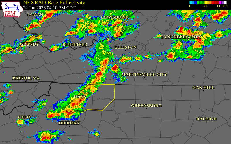 NEXRAD radar during the Monday, June 22, 2026 storm activity in Henry County, Virginia