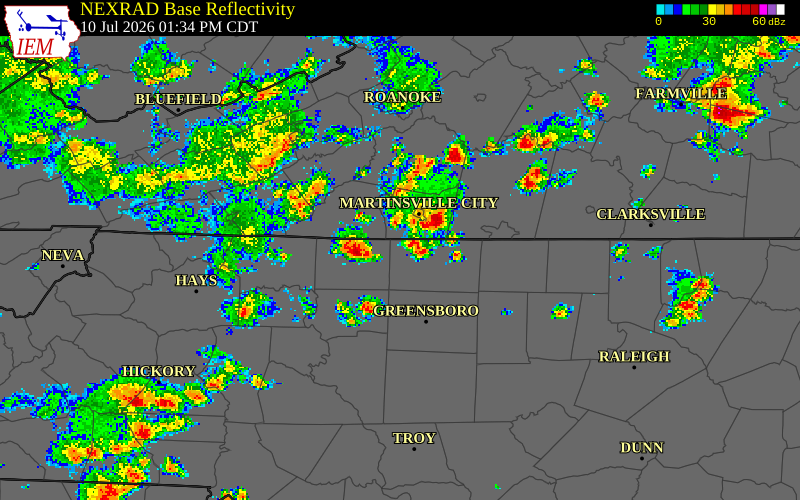 NEXRAD radar during the Friday, July 10, 2026 storm activity in Henry County, Virginia