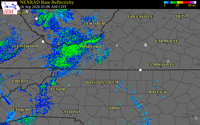 Current NEXRAD radar over Henry County, Virginia with recent storm report locations