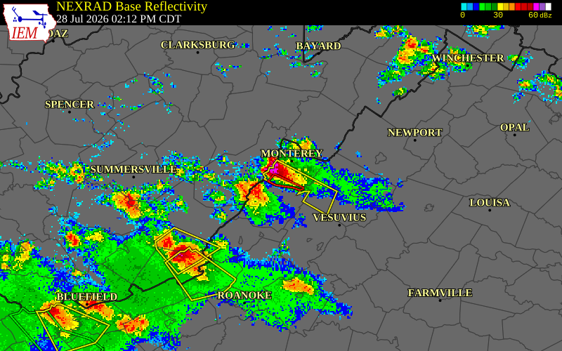 NEXRAD radar during the Tuesday, July 28, 2026 storm activity in Highland County, Virginia