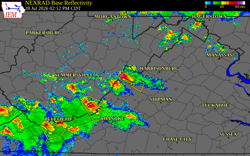 Radar snapshot during the Jul 28, 2026 hail event near 2 SW Mustoe, Highland County, Virginia, with NWS warning polygons