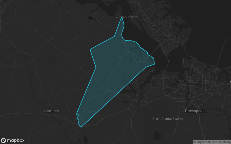 Map of Isle of Wight County, Virginia showing the county boundary and surrounding cities