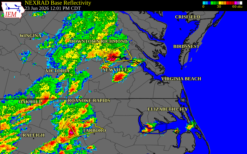 NEXRAD radar during the Tuesday, June 23, 2026 storm activity in Isle of Wight County, Virginia