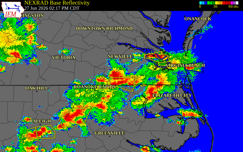 NEXRAD radar during the Saturday, June 27, 2026 storm activity in Isle of Wight County, Virginia