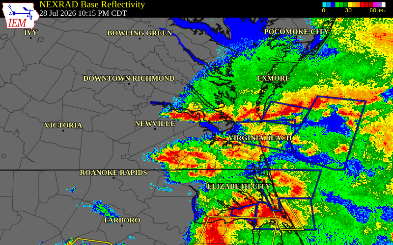 NEXRAD radar during the Tuesday, July 28, 2026 storm activity in Isle of Wight County, Virginia