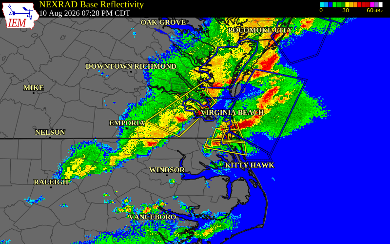 Radar snapshot during the Aug 10, 2026 wind event near Isle of Wight County, Isle of Wight County, Virginia, with NWS warning polygons