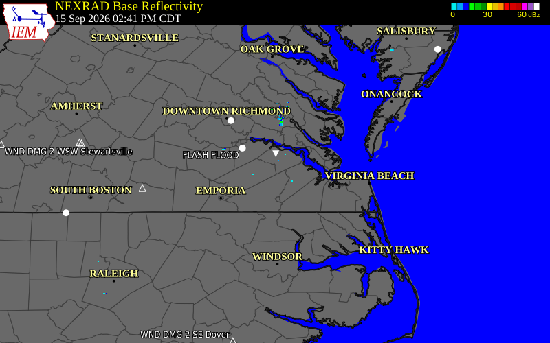 Current NEXRAD radar over Isle of Wight County, Virginia with recent storm report locations