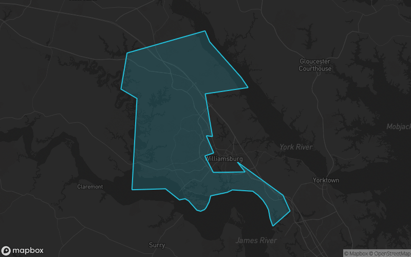 Map of James City County, Virginia showing the county boundary and surrounding cities
