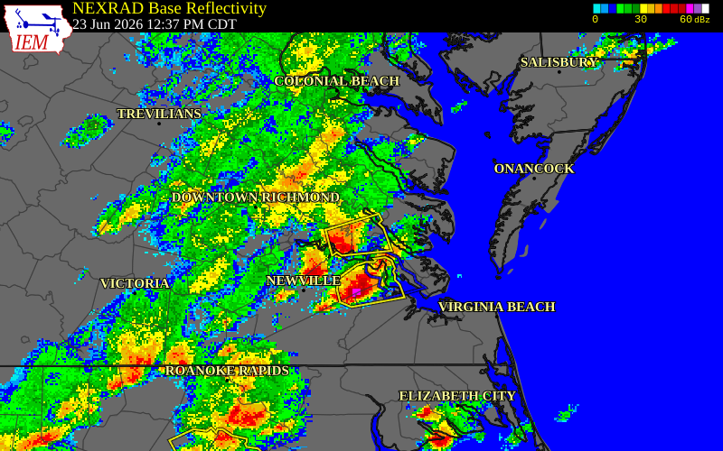 NEXRAD radar during the Tuesday, June 23, 2026 storm activity in James City County, Virginia