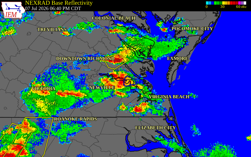 NEXRAD radar during the Tuesday, July 7, 2026 storm activity in James City County, Virginia