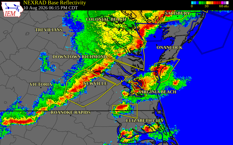 NEXRAD radar during the Monday, August 10, 2026 storm activity in James City County, Virginia