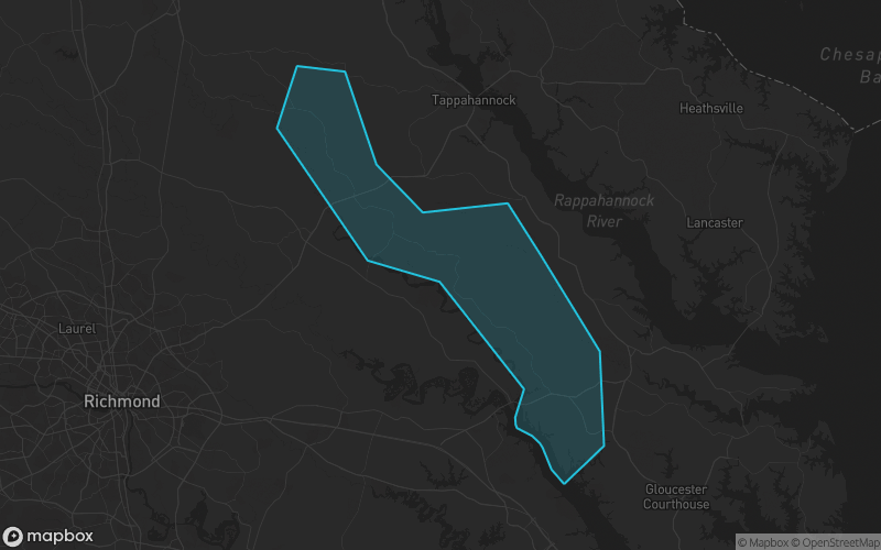 Map of King and Queen County, Virginia showing the county boundary and surrounding cities