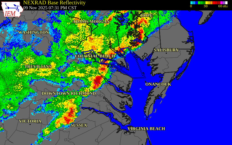 NEXRAD radar during the Sunday, November 9, 2025 storm activity in King and Queen County, Virginia