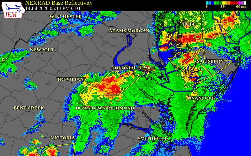 NEXRAD radar during the Saturday, July 18, 2026 storm activity in King and Queen County, Virginia