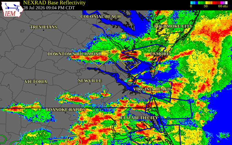 NEXRAD radar during the Tuesday, July 28, 2026 storm activity in King and Queen County, Virginia