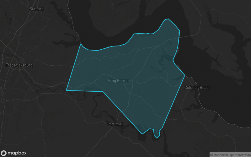 Map of King George County, Virginia showing the county boundary and surrounding cities