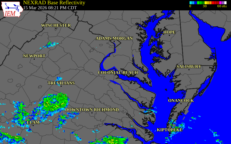 NEXRAD radar during the Sunday, March 15, 2026 storm activity in King George County, Virginia
