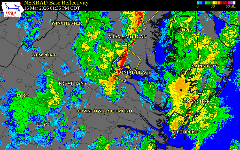 NEXRAD radar during the Monday, March 16, 2026 storm activity in King George County, Virginia