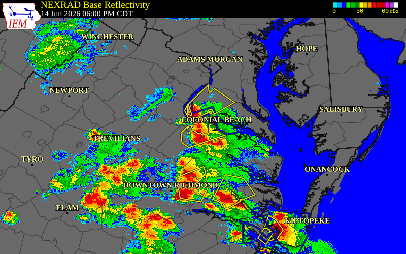 NEXRAD radar during the Sunday, June 14, 2026 storm activity in King George County, Virginia