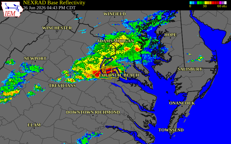 NEXRAD radar during the Friday, June 26, 2026 storm activity in King George County, Virginia