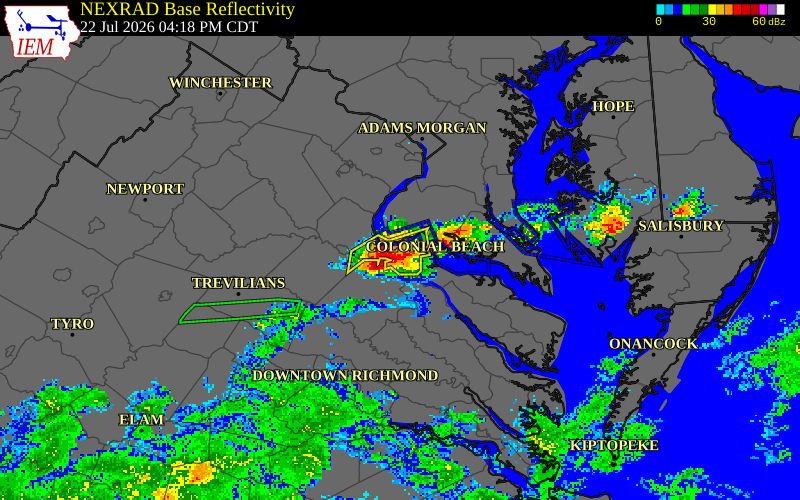 NEXRAD radar during the Wednesday, July 22, 2026 storm activity in King George County, Virginia