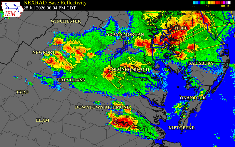 NEXRAD radar during the Tuesday, July 28, 2026 storm activity in King George County, Virginia