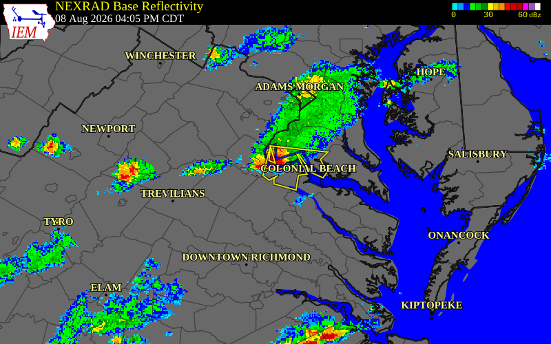 NEXRAD radar during the Saturday, August 8, 2026 storm activity in King George County, Virginia