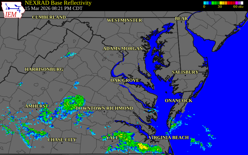 Radar snapshot during the Mar 15, 2026 wind event near Tower 70, King George County, Virginia, with NWS warning polygons
