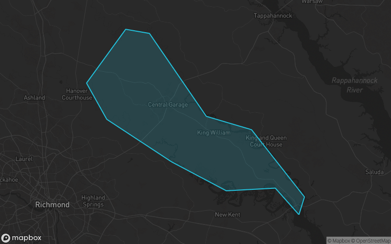 Map of King William County, Virginia showing the county boundary and surrounding cities