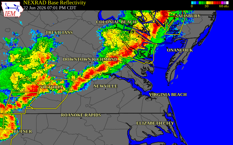 NEXRAD radar during the Monday, June 22, 2026 storm activity in King William County, Virginia