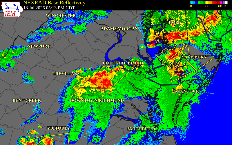 NEXRAD radar during the Saturday, July 18, 2026 storm activity in King William County, Virginia
