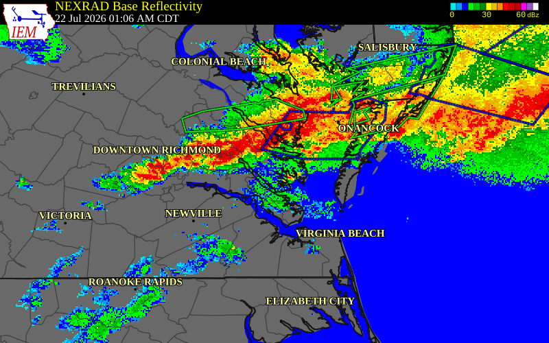 NEXRAD radar during the Wednesday, July 22, 2026 storm activity in King William County, Virginia
