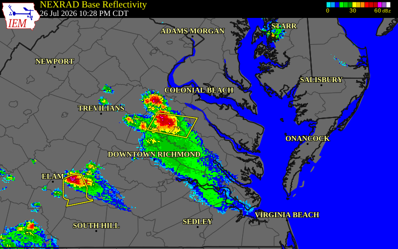 NEXRAD radar during the Sunday, July 26, 2026 storm activity in King William County, Virginia
