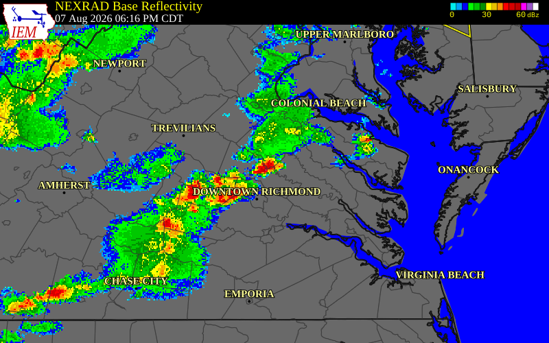 NEXRAD radar during the Friday, August 7, 2026 storm activity in King William County, Virginia