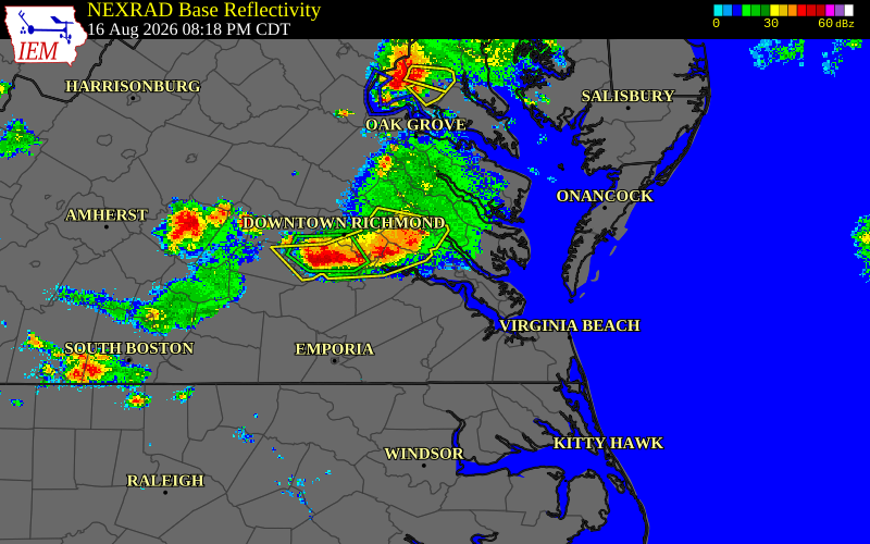 Radar snapshot during the Jul 22, 2026 wind event near King William County, King William County, Virginia, with NWS warning polygons