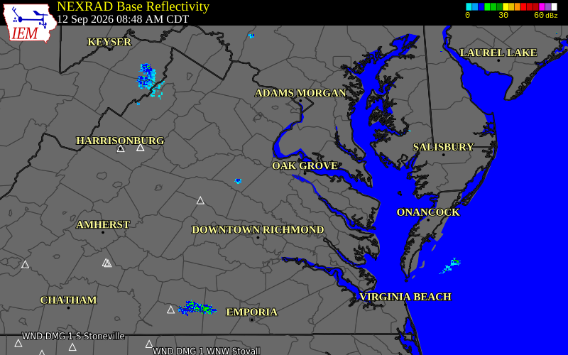 Current NEXRAD radar over King William County, Virginia with recent storm report locations