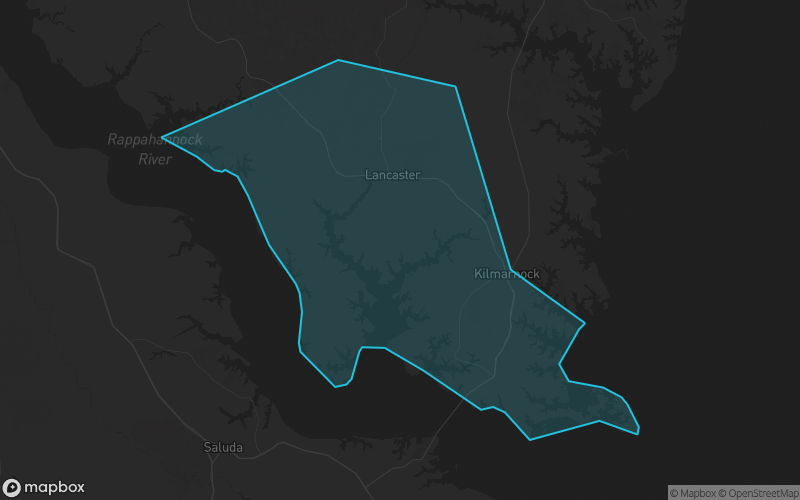 Map of Lancaster County, Virginia showing the county boundary and surrounding cities