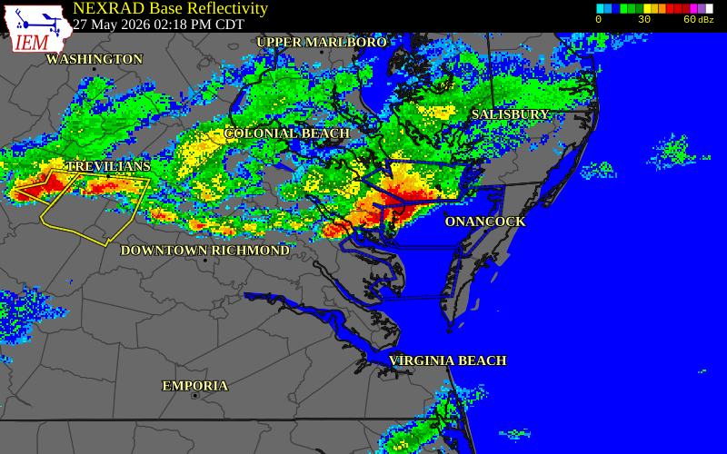 NEXRAD radar during the Wednesday, May 27, 2026 storm activity in Lancaster County, Virginia