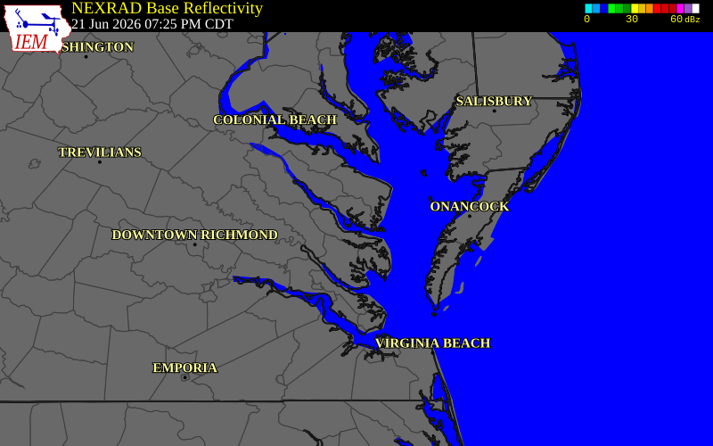 NEXRAD radar during the Sunday, June 21, 2026 storm activity in Lancaster County, Virginia
