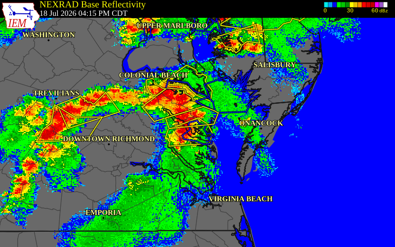 NEXRAD radar during the Saturday, July 18, 2026 storm activity in Lancaster County, Virginia