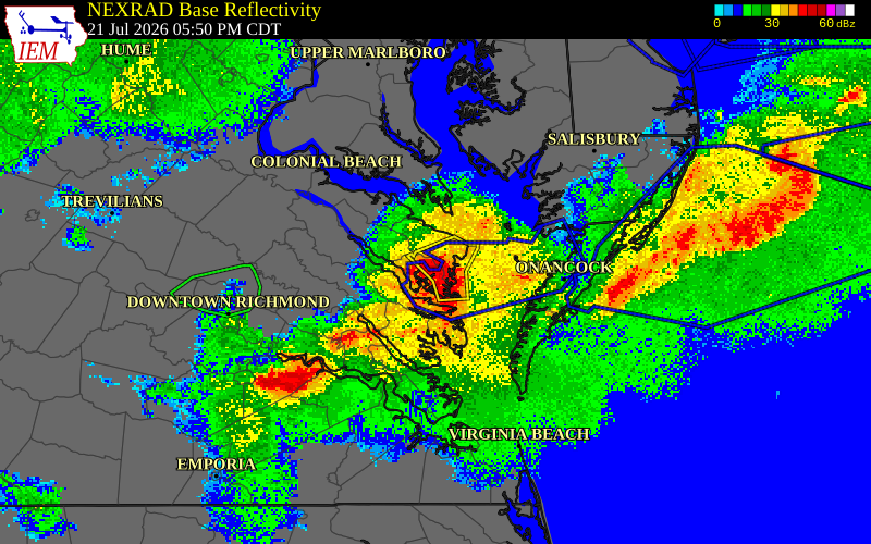 NEXRAD radar during the Tuesday, July 21, 2026 storm activity in Lancaster County, Virginia