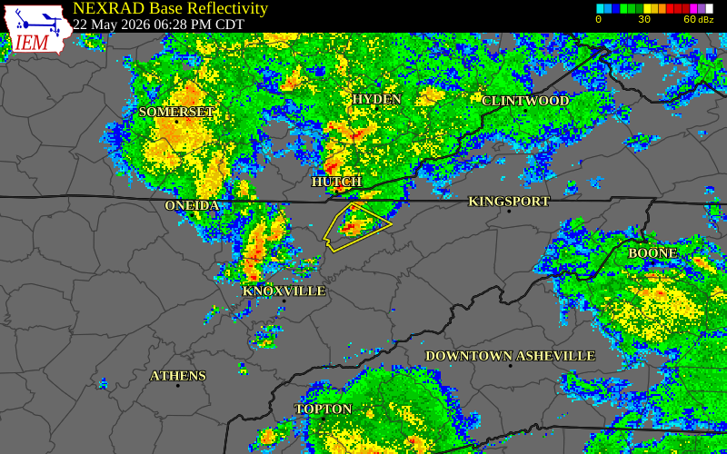 NEXRAD radar during the Friday, May 22, 2026 storm activity in Lee County, Virginia