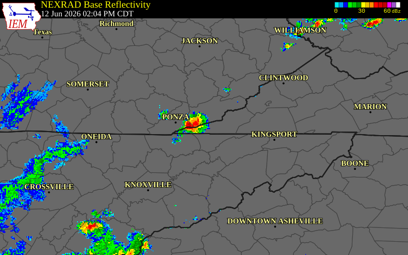 NEXRAD radar during the Friday, June 12, 2026 storm activity in Lee County, Virginia
