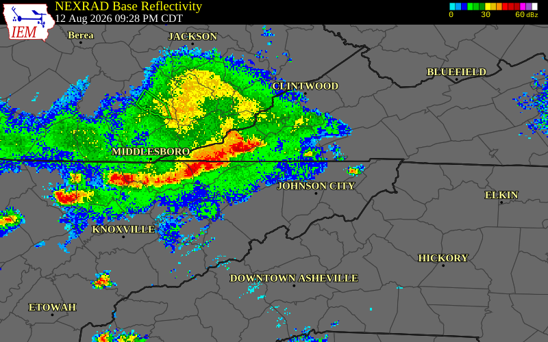 NEXRAD radar during the Wednesday, August 12, 2026 storm activity in Lee County, Virginia