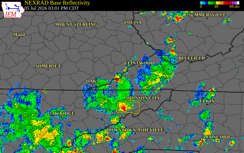 Radar snapshot during the Jul 5, 2026 wind event near Lee County, Lee County, Virginia, with NWS warning polygons