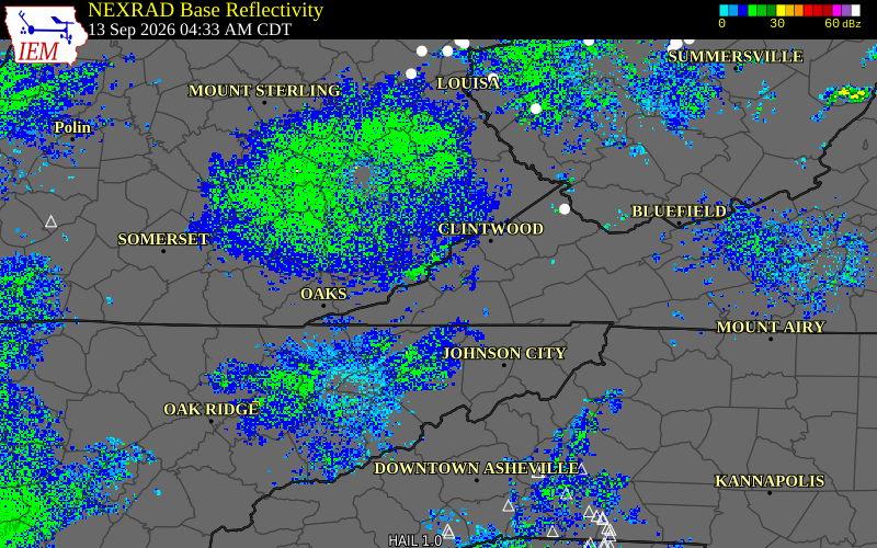 Current NEXRAD radar over Lee County, Virginia with recent storm report locations