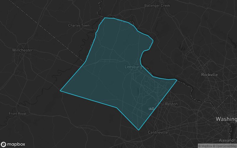 Map of Loudoun County, Virginia showing the county boundary and surrounding cities