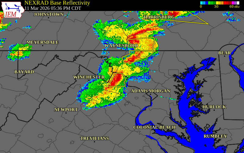NEXRAD radar during the Wednesday, March 11, 2026 storm activity in Loudoun County, Virginia